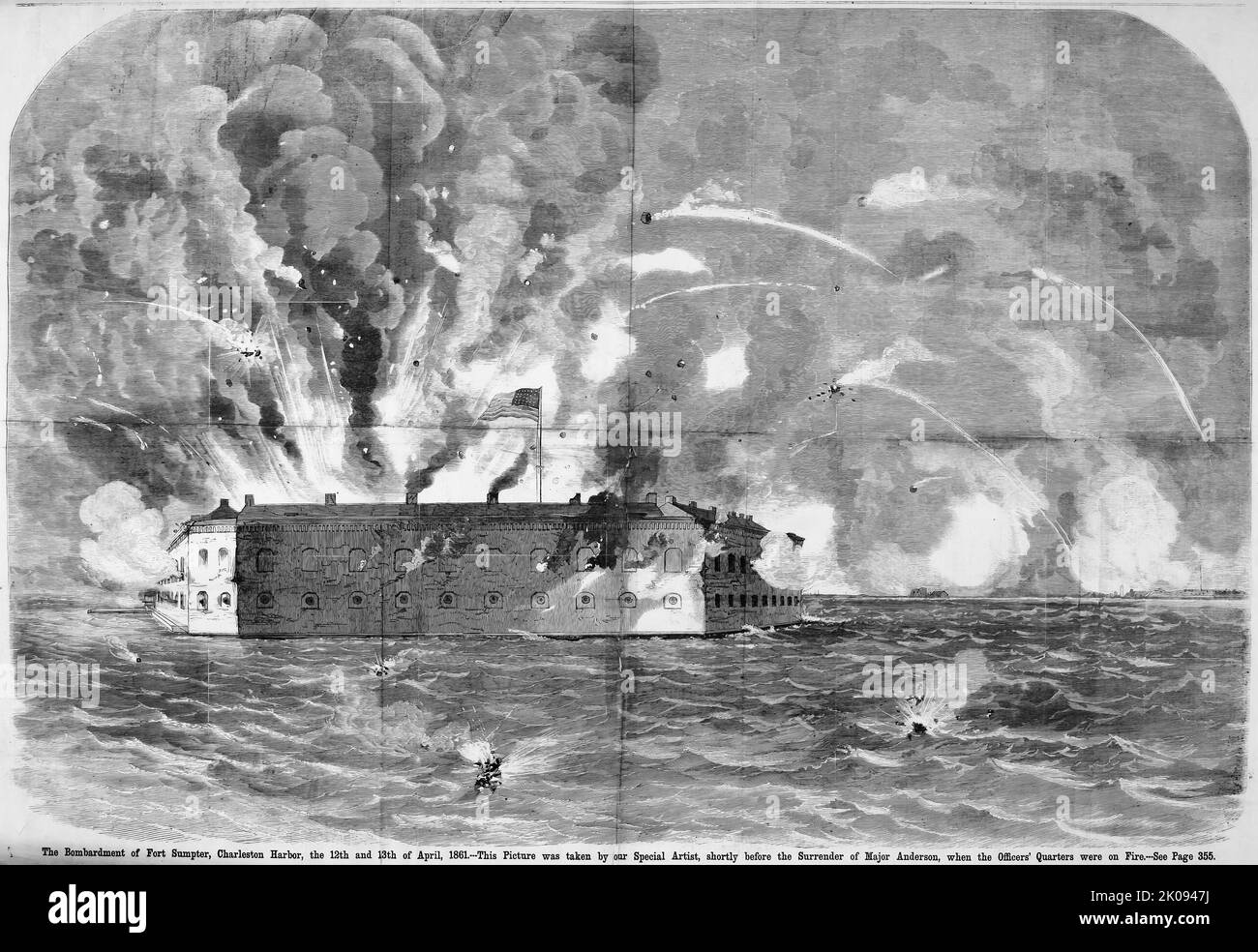 The Bombardment of Fort Sumter, Charleston Harbor, South Carolina, April 12th and 13th, 1861. Battle of Fort Sumter in the American Civil War. 19th century illustration from Frank Leslie's Illustrated Newspaper Stock Photo