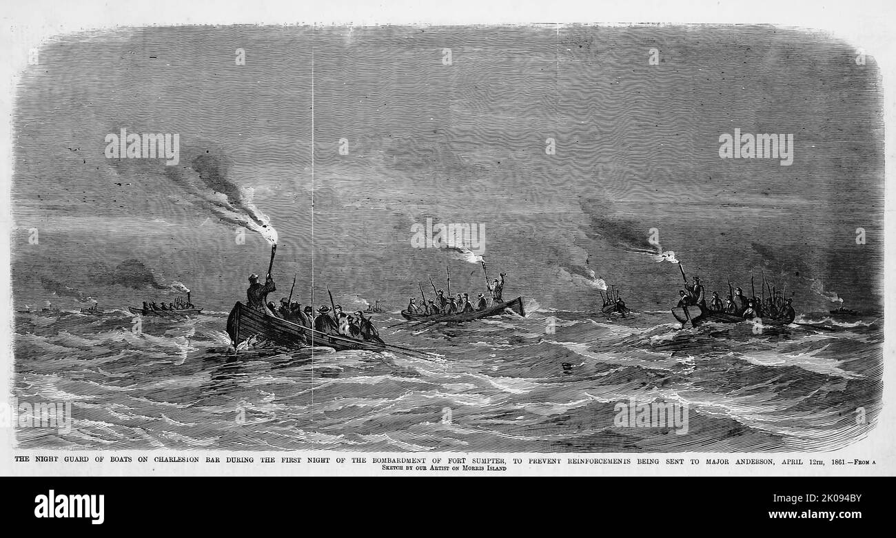 The night guard of boats on Charleston Harbor during the first night of the bombardment of Fort Sumter, to prevent reinforcements being sent to Major Robert Anderson,  April 12th, 1861. Battle of Fort Sumter in the American Civil War. 19th century illustration from Frank Leslie's Illustrated Newspaper Stock Photo