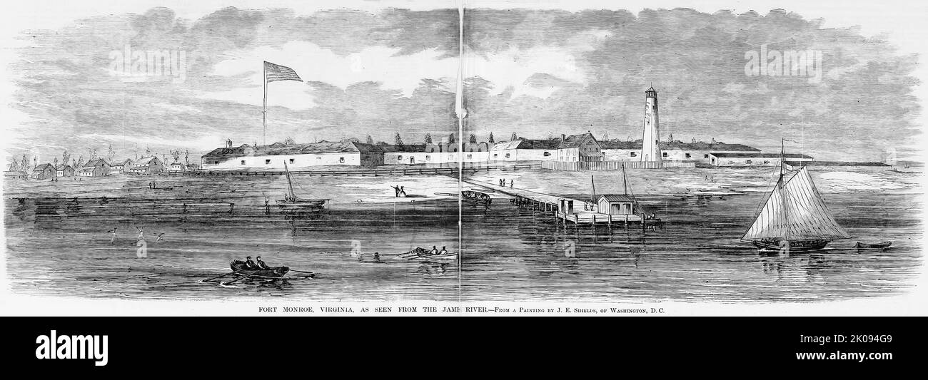 Fort Monroe, Virginia, as seen from the James River (1861). 19th century American Civil War illustration from Frank Leslie's Illustrated Newspaper Stock Photo