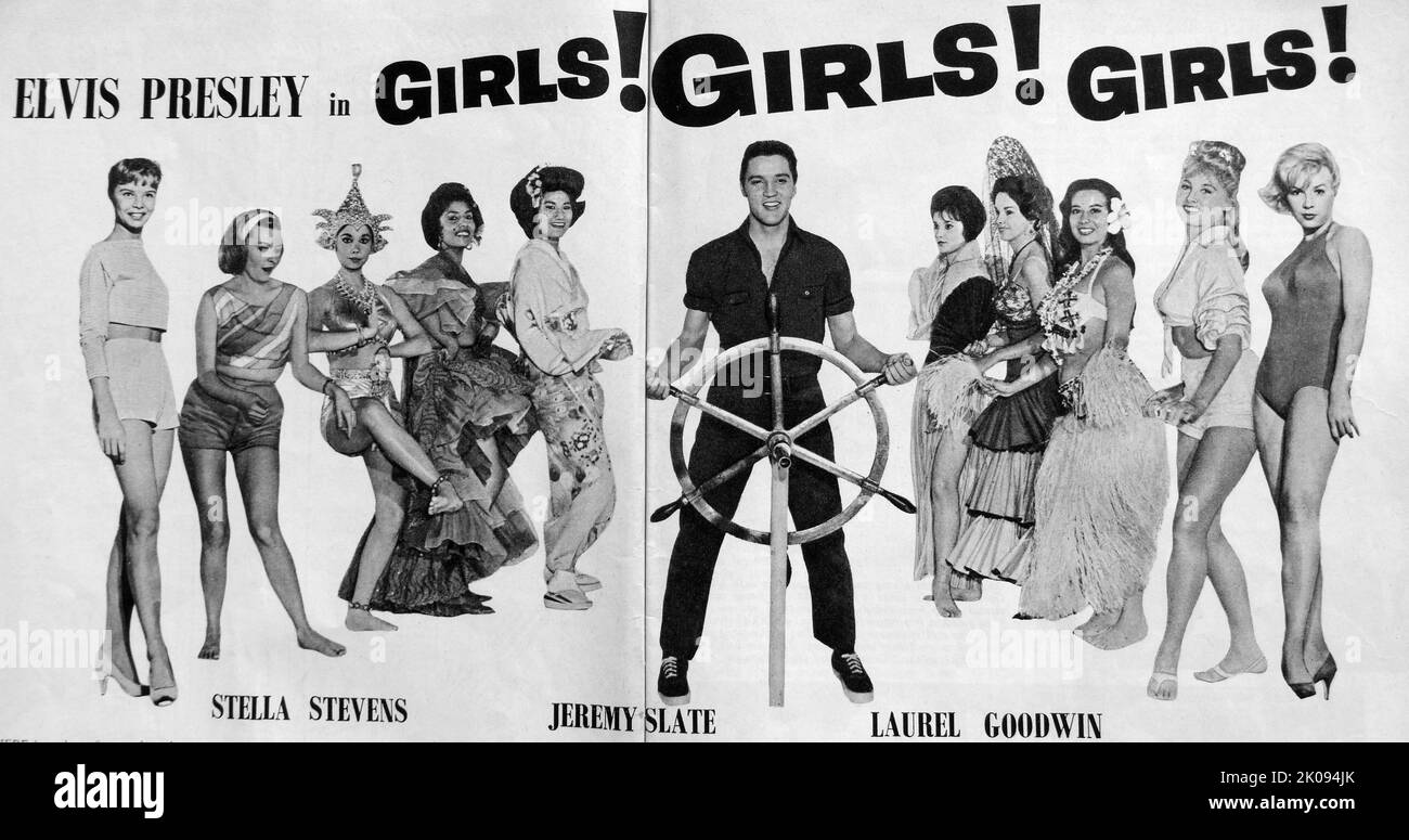 Newspaper review of the 1963 film Girls! Girls! Girls! featuring Elvis Presley. Stock Photo