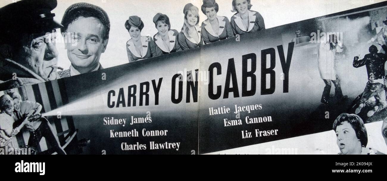 Advertising poster for the 1963 film Carry On Cabby, starring Sid James, Hattie Jacques, Kenneth Connor and Charles Hawtrey. Stock Photo