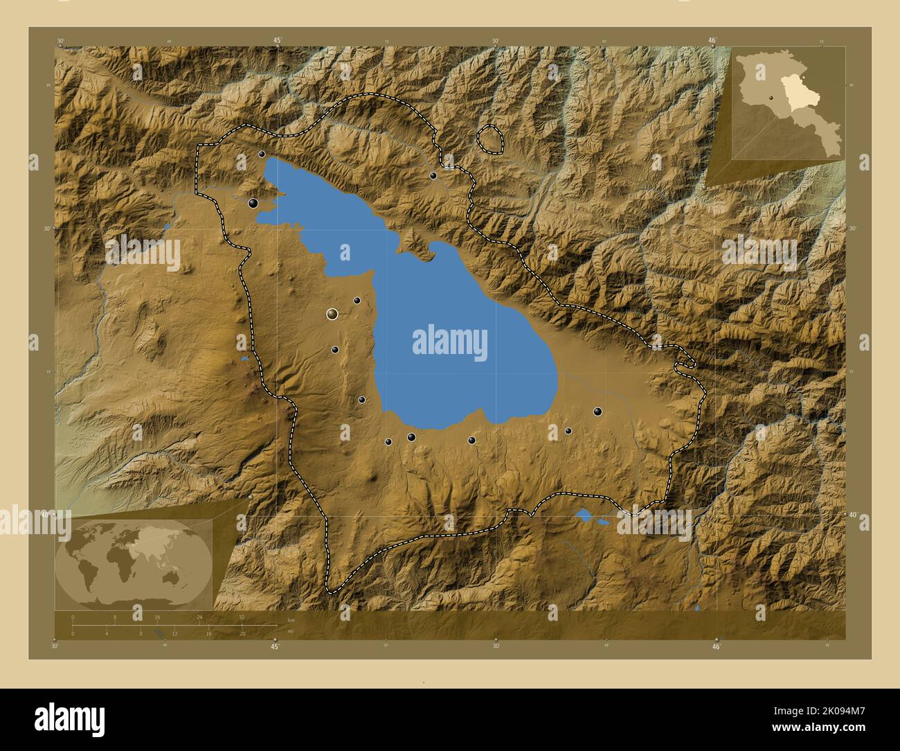 Gegharkunik, province of Armenia. Colored elevation map with lakes and ...