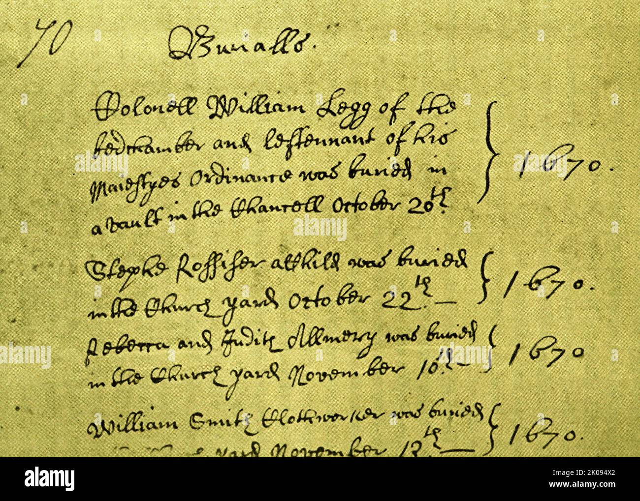 Portion of page of register of deaths, 17th century. Stock Photo