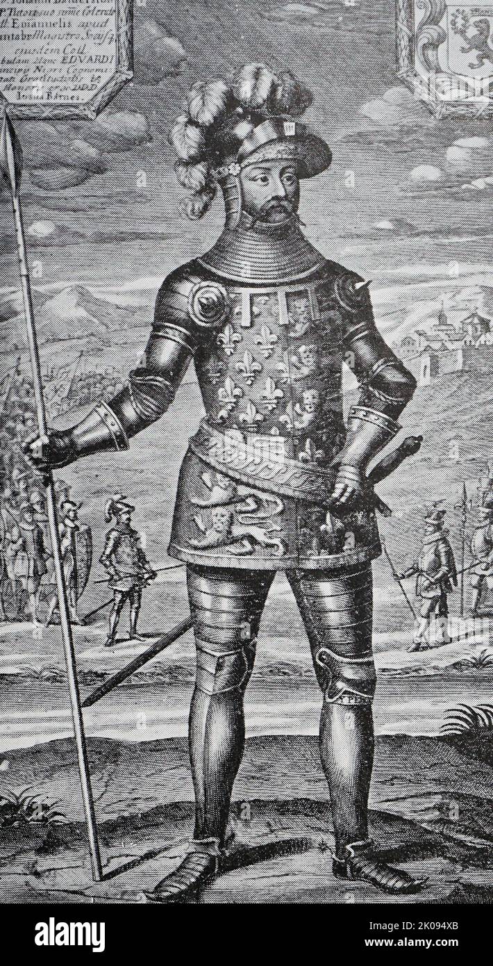 The Black Prince, from an old print. Edward of Woodstock, known to history as the Black Prince (15 June 1330 - 8 June 1376), was the eldest son of King Edward III of England, and the heir apparent to the English throne. He died before his father and so his son, Richard II, succeeded to the throne instead. Edward nevertheless earned distinction as one of the most successful English commanders during the Hundred Years' War, being regarded by his English contemporaries as a model of chivalry and one of the greatest knights of his age. Stock Photo