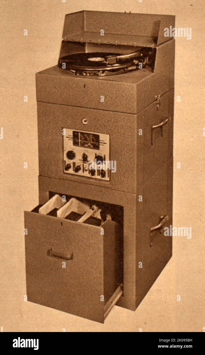 Combined gramaphone, receiver amplifier and record storage compartment by Grampian Reproductions. Stock Photo