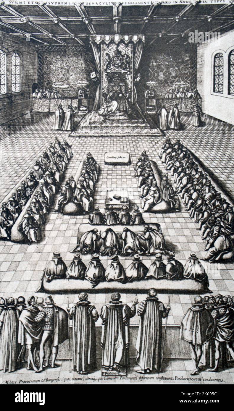 The presentation of the Speaker in the House of Commons, November 1584. News print of engraving. Stock Photo