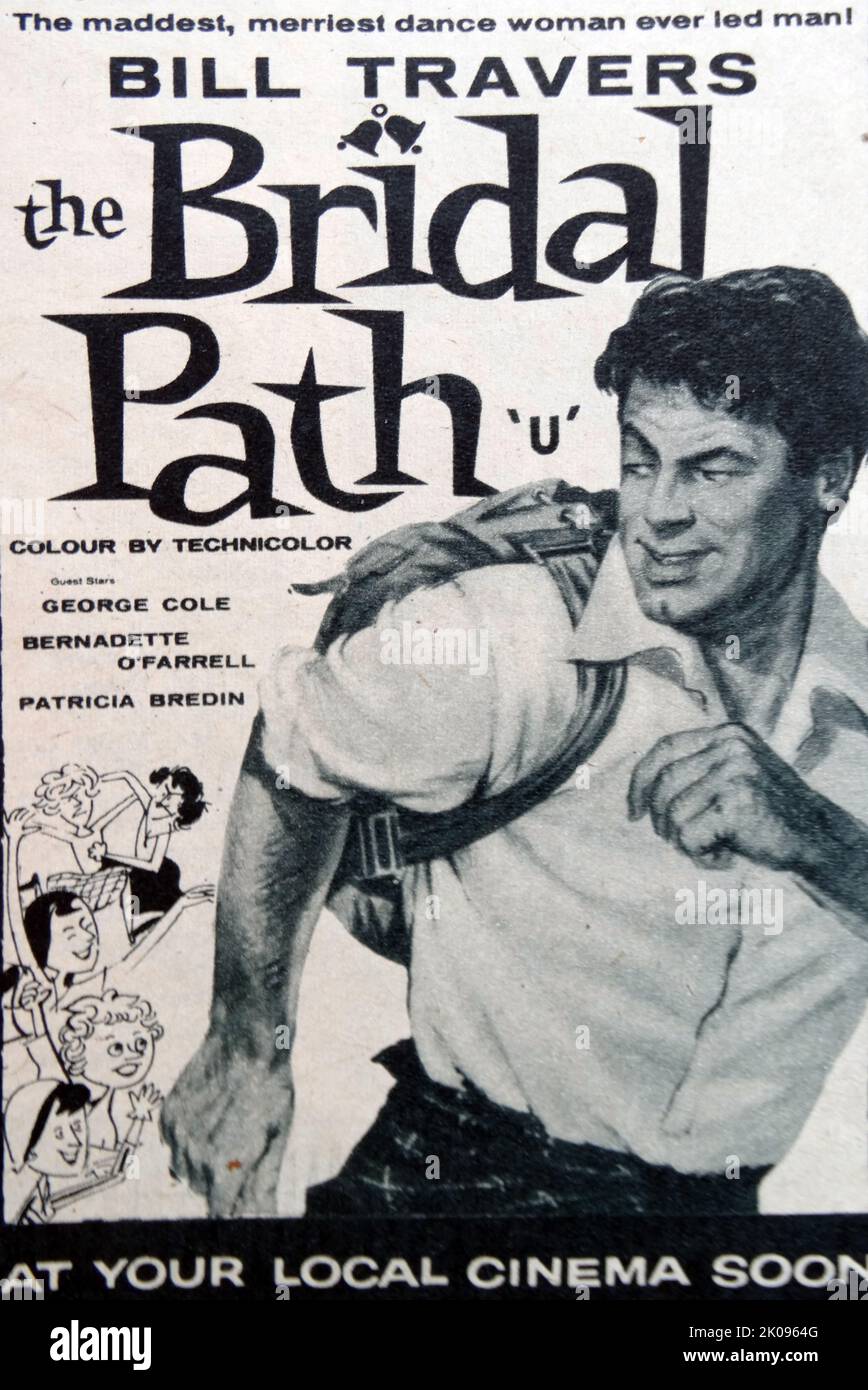 Advertisement for The Bridal Path, a 1959 British comedy film directed by Frank Launder and starring Bill Travers, George Cole and Bernadette O'Farrell. Picture of Bill Travers. Stock Photo