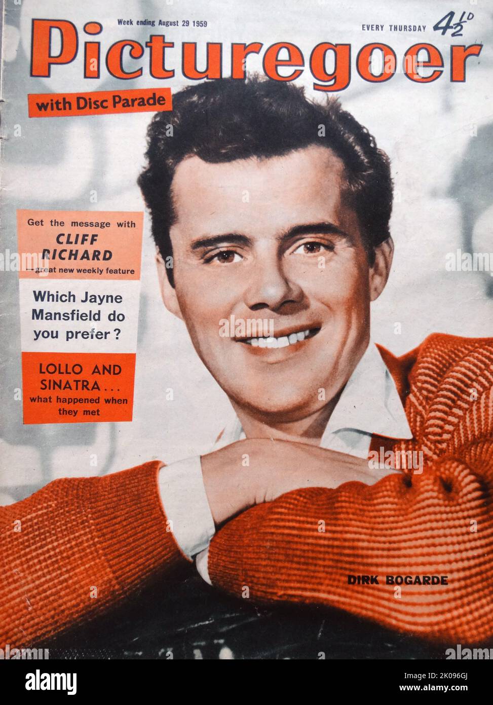 Dirk Bogarde on the front cover of Picturegoer. Sir Dirk Bogarde (born Derek Niven van den Bogaerde; 28 March 1921 - 8 May 1999) was an English actor, novelist and screenwriter. Initially a matinee idol in films such as Doctor in the House (1954), he later acted in art-house films. In a second career, he wrote seven best-selling volumes of memoirs, six novels and a volume of collected journalism. Stock Photo