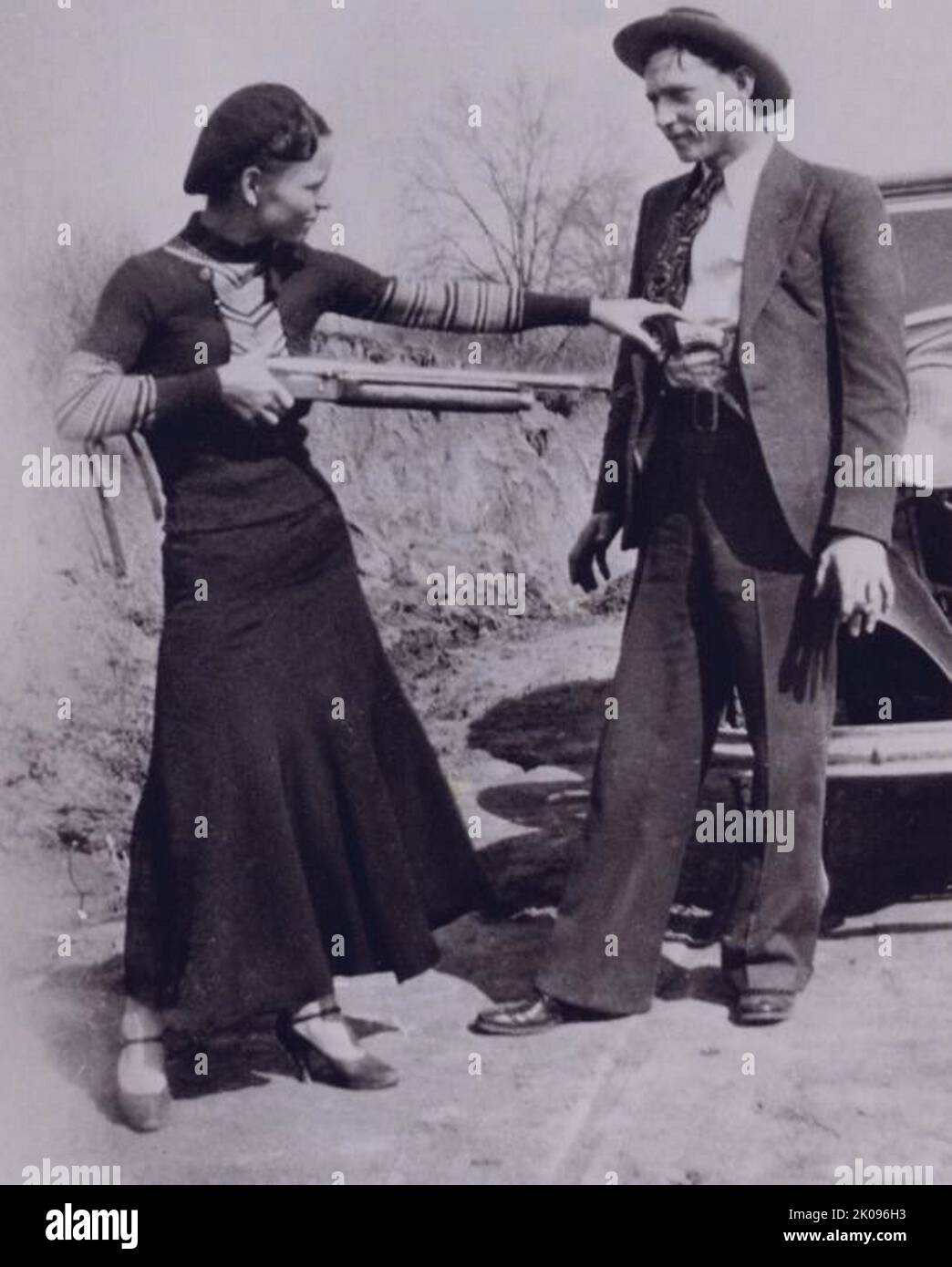 Bonnie and Clyde. Bonnie Elizabeth Parker (October 1, 1910 - May 23, 1934) and Clyde Chestnut Barrow (March 24, 1909 - May 23, 1934) were an American criminal couple who travelled the Central United States with their gang during the Great Depression, known for their bank robberies, although they preferred to rob small stores or rural funeral homes. Their exploits captured the attention of the American press and its readership during what is occasionally referred to as the 'public enemy era' between 1931 and 1934. Stock Photo