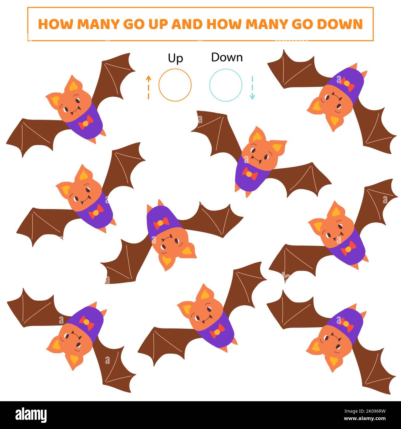 How many go up.How many go down.Counting game with cute cartoon bat.Worksheet for kids. Stock Photo