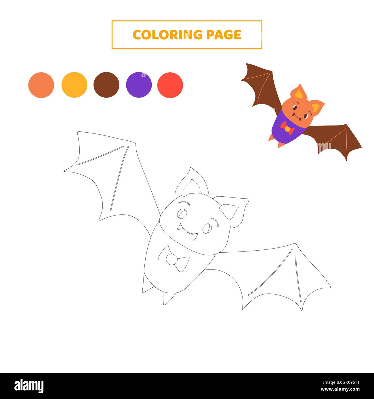 Coloring page.Color cute cartoon bat. worksheet for kids. Stock Photo