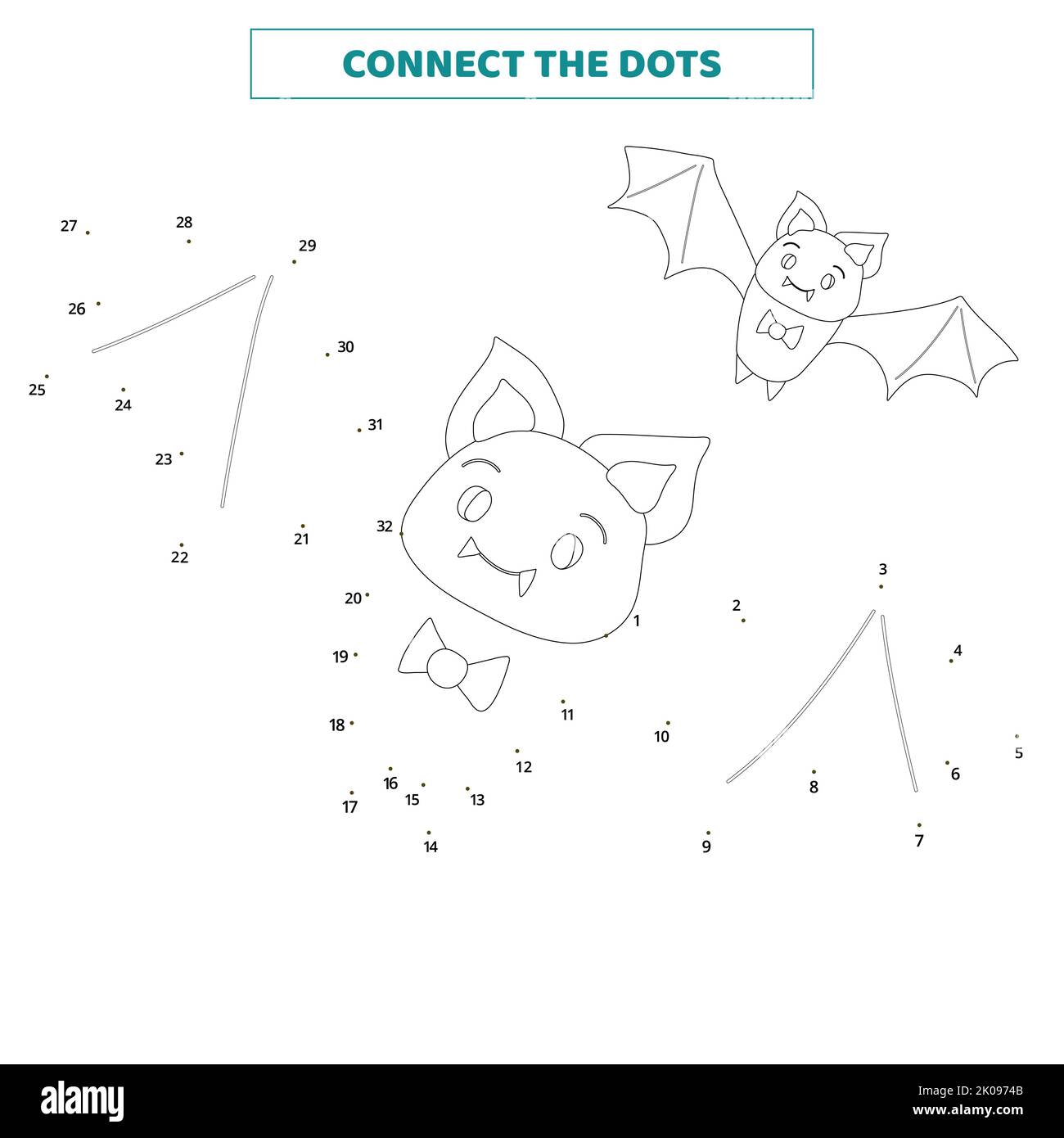 Connect the dots for the bat. Worksheet for kids. Stock Photo