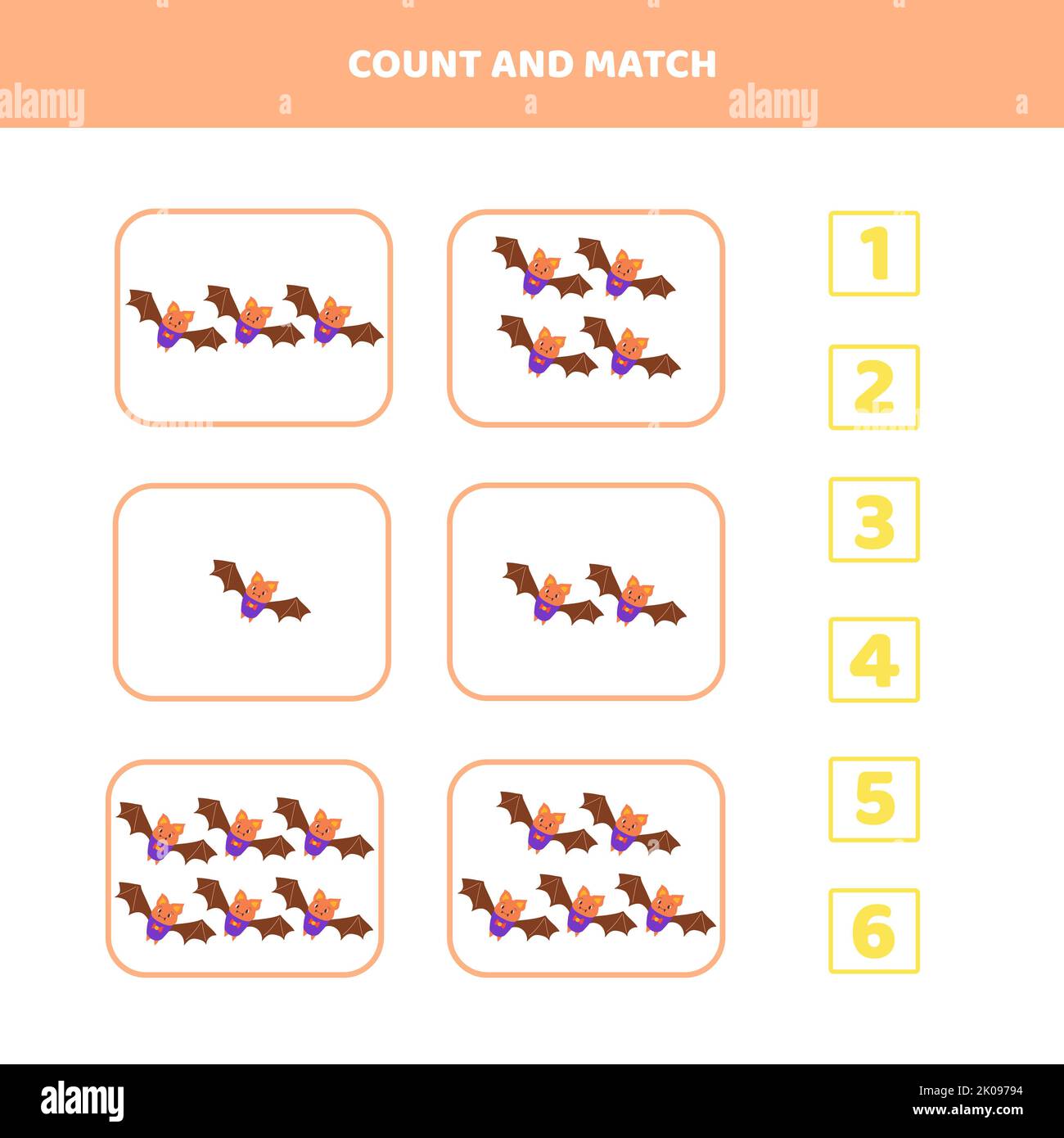 Count and match game for kids with a cartoon bat. Worksheet for kids