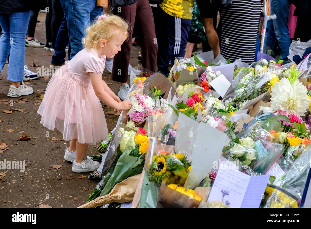 London UK, 10th September 2022. Thousands of floral tributes to Her Majesty Queen Elizabeth II are laid in Green Park, many of them accompanied by messages from adults and children. A young child lays a bouquet of flowers. Stock Photo