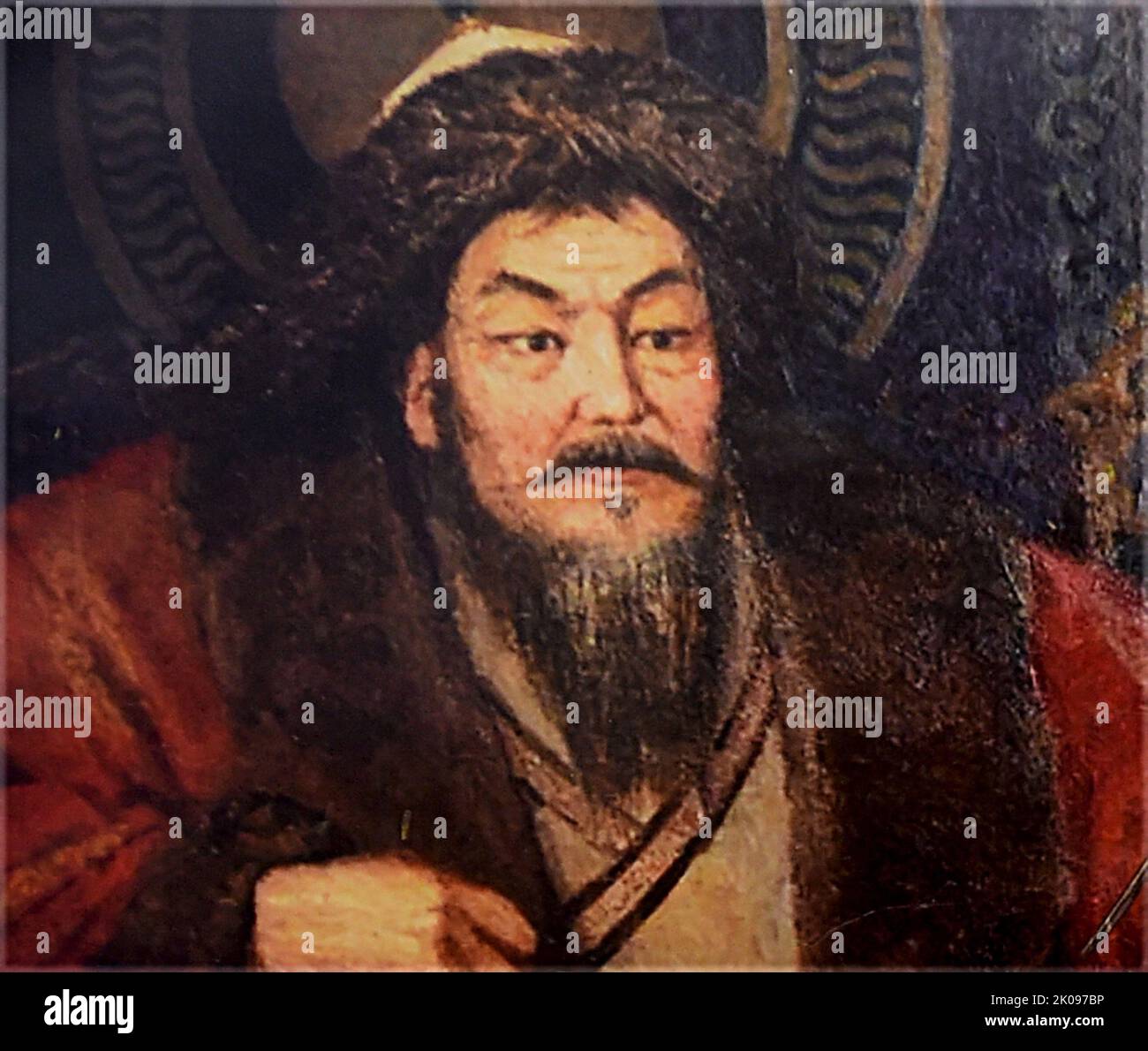 Genghis Khan (c.1158 - August 18, 1227), born Temujin, was the founder and first Great Khan (Emperor) of the Mongol Empire, which became the largest contiguous empire in history after his death. He came to power by uniting many of the nomadic tribes of Northeast Asia. After founding the Empire and being proclaimed the universal ruler of the Mongols, or Genghis Khan, he launched the Mongol invasions, which ultimately conquered most of Eurasia, reaching as far west as Poland and as far south as Egypt. Stock Photo