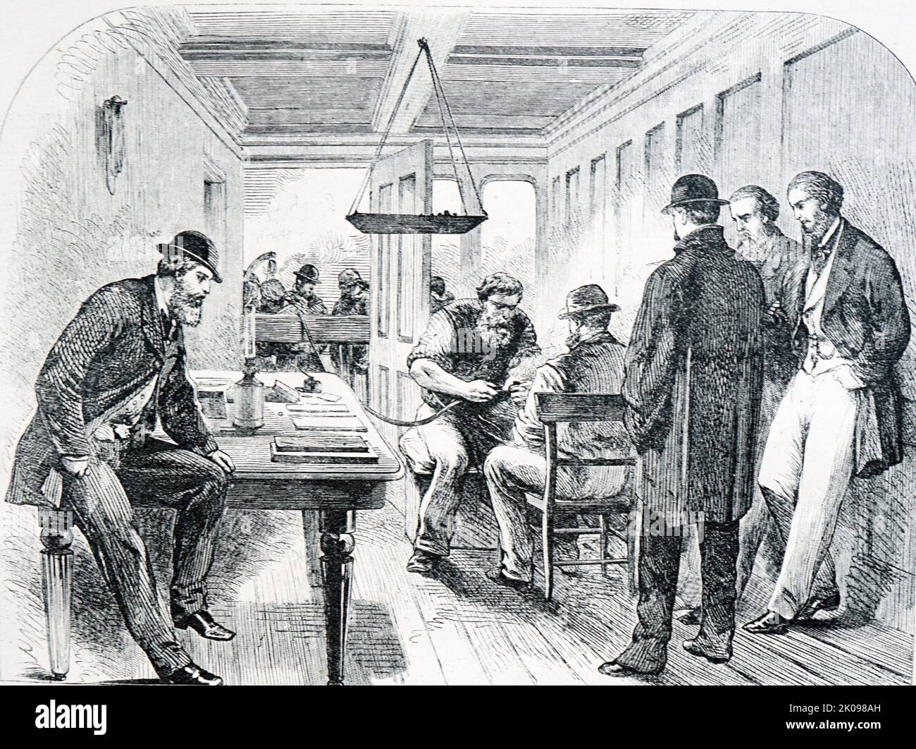 Illustration showing the laying of the Atlantic Telegraph Cable. In 1866, the British ship Great Eastern succeeded in laying the first permanent telegraph line across the Atlantic Ocean. Transatlantic telegraph cables were undersea cables running under the Atlantic Ocean for telegraph communications. Stock Photo