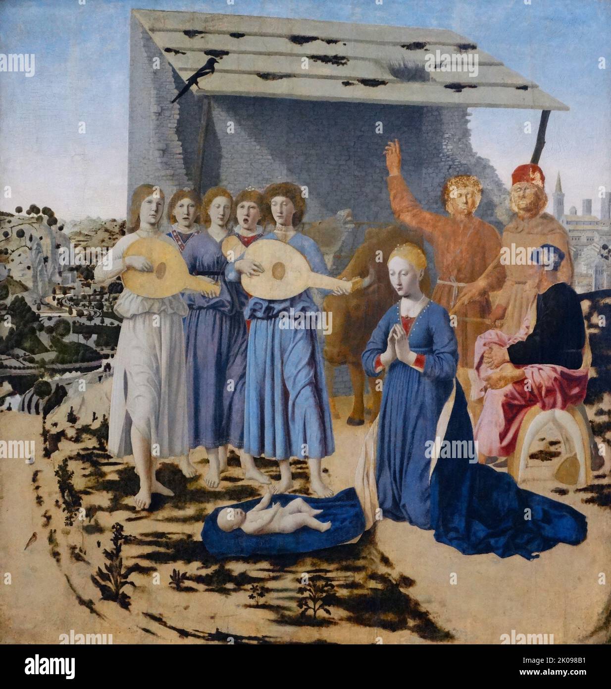 The Nativity by Piero del Fransesca. The Nativity is an oil painting by Italian artist Piero della Francesca, dated to 1470-75. The painting depicts a scene from the birth of Jesus, and is one of the latest surviving paintings made by the artist before his death in 1492. Stock Photo