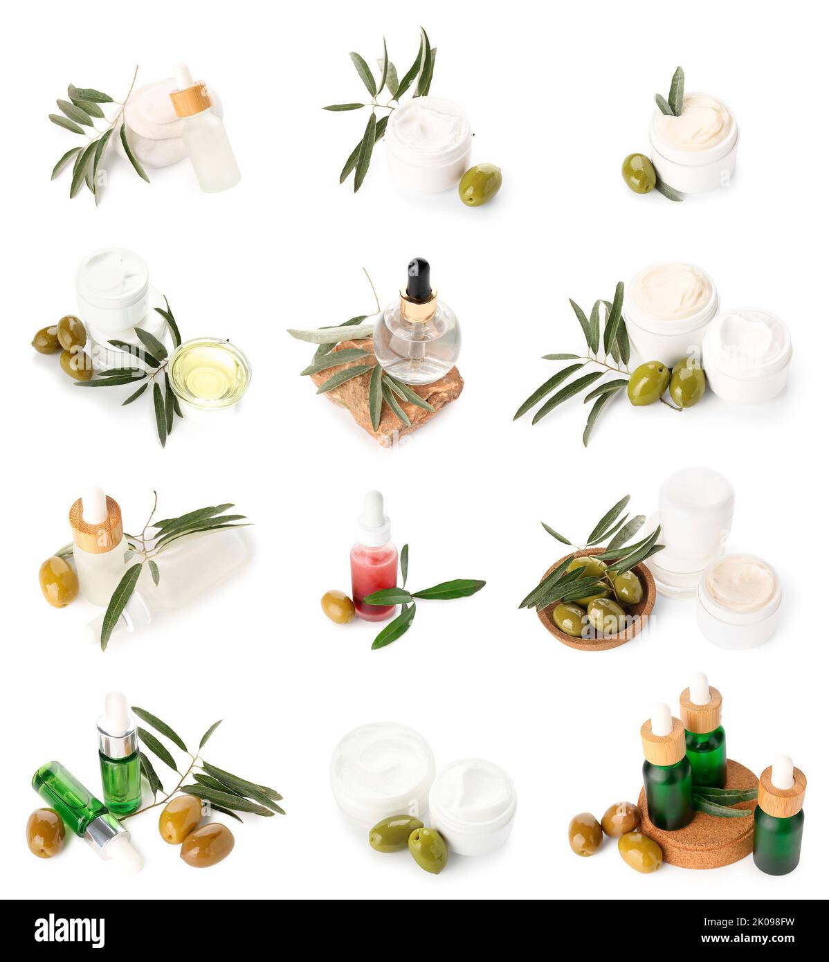 Set of cosmetics with olive oil extract isolated on white Stock Photo