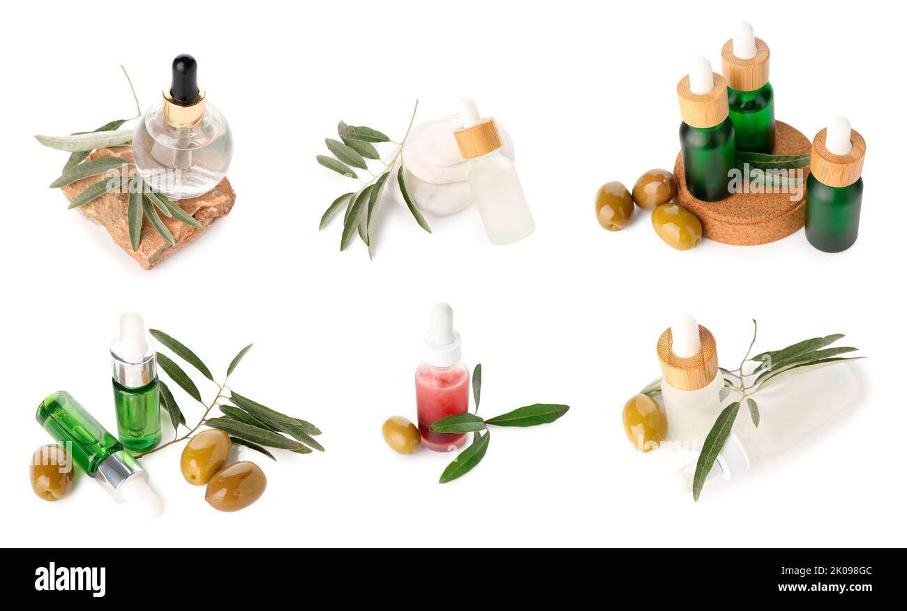 Set of cosmetics with olive oil extract isolated on white Stock Photo