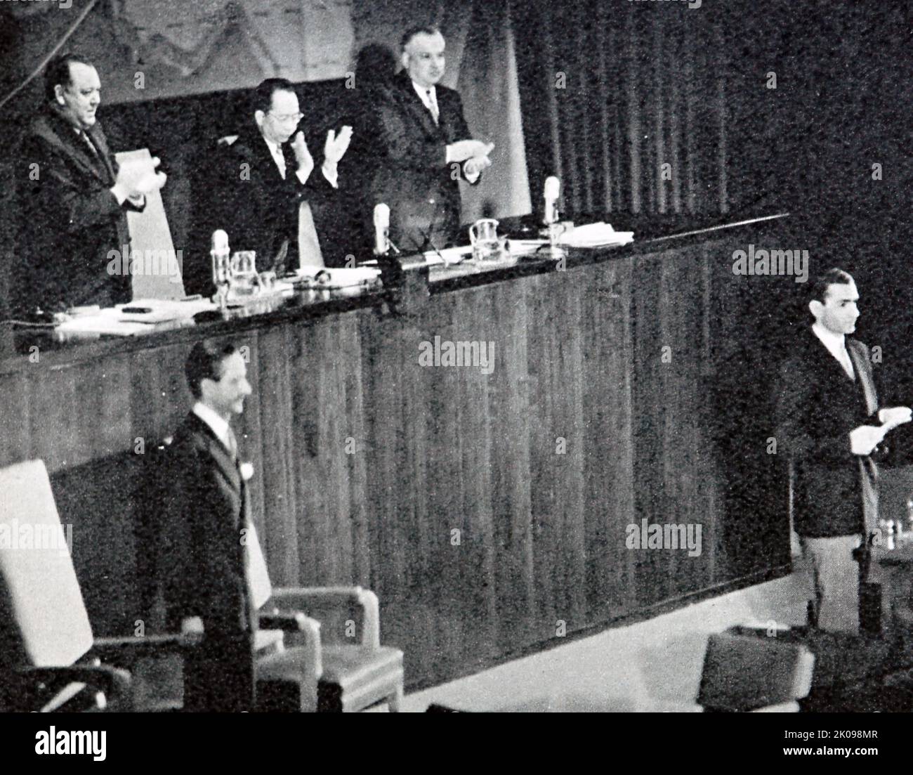 The Shah of Persia addresses the United Nations General Assembly in New York. The United Nations General Assembly is one of the six principal organs of the United Nations (UN), serving as the main deliberative, policymaking, and representative organ of the UN. Its powers, composition, functions, and procedures are set out in Chapter IV of the United Nations Charter. Stock Photo