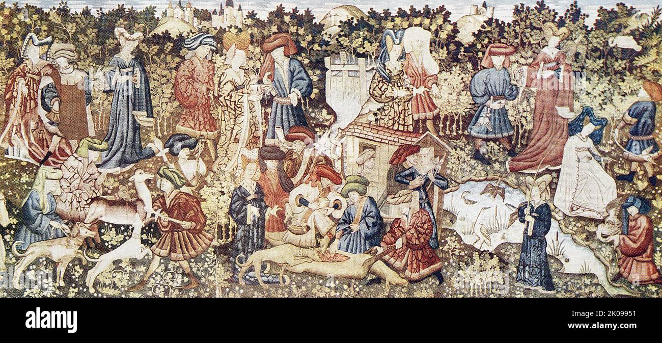 The Joyful Background of Country Life. Hardwick hunting tapestry which at one time hung in the Long Gallery at Hardwick Hall, Derbyshire. Stock Photo