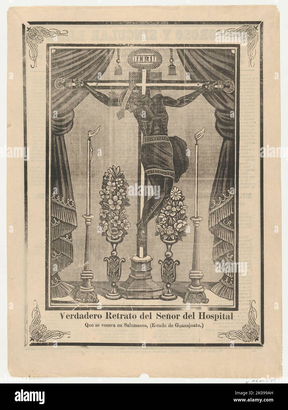 Broadsheet relating to Our Lord of the Hospital (Salamanca, Guanajuato) on a crucifix on an altar, 1903. Stock Photo