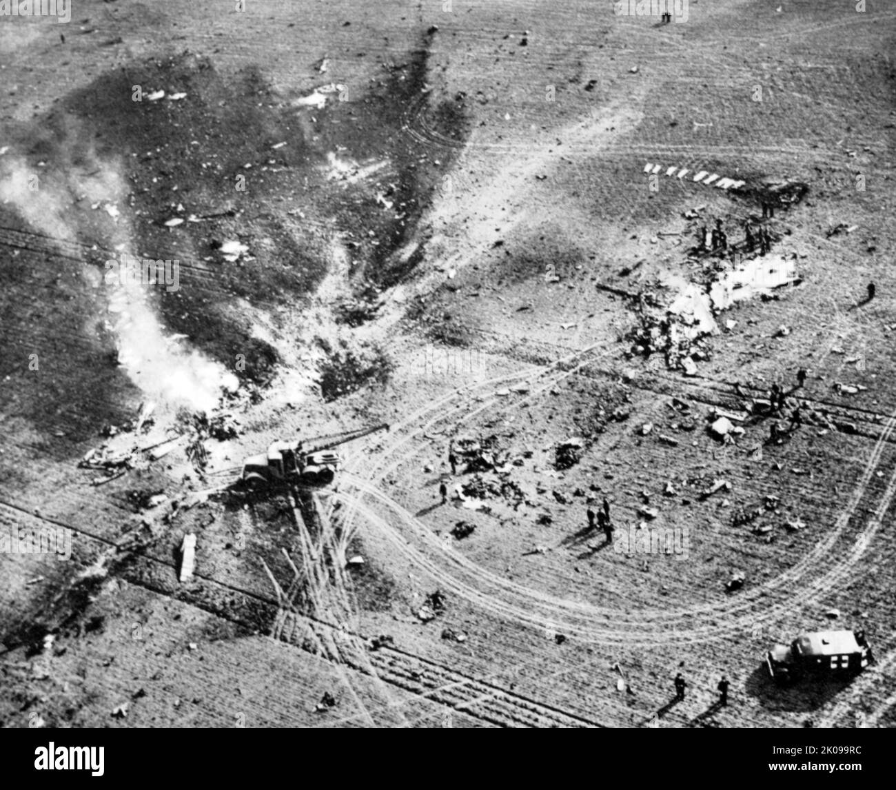 Aerial view of the wreckage from a USA Air Force B-50 bomber which crashed near Isleham, Cambidgeshire. Stock Photo