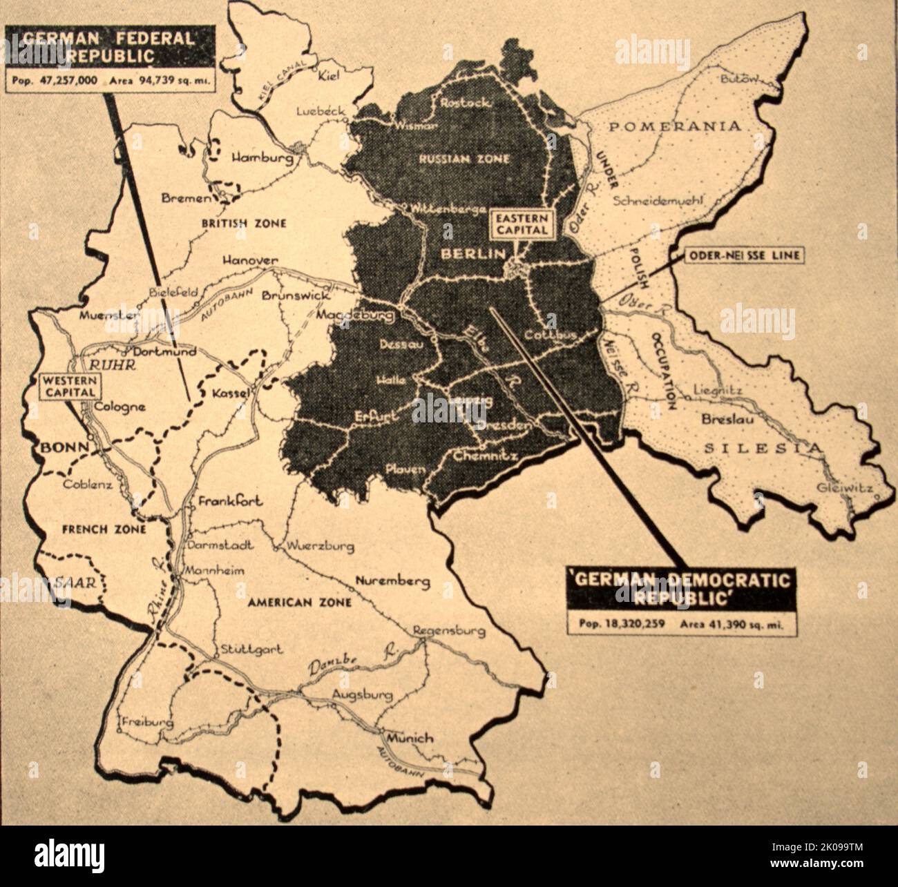 Map to show the divided state of Germany after World War II. Stock Photo