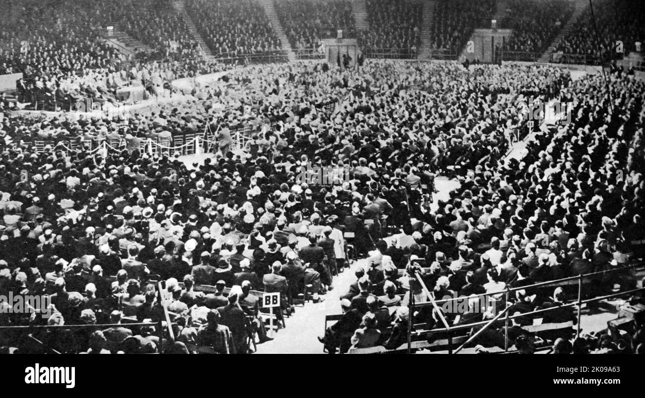 Winston Churchill addressing the Conservative Conference at Earl's Court, London. Sir Winston Leonard Spencer Churchill, KG, OM, CH, TD, DL, FRS, RA (30 November 1874 - 24 January 1965) was a British statesman who served as Prime Minister of the United Kingdom from 1940 to 1945, during the Second World War, and again from 1951 to 1955. Best known for his wartime leadership as Prime Minister, Churchill was also a Sandhurst-educated soldier, a Nobel Prize-winning writer and historian, a prolific painter, and one of the longest-serving politicians in British history. Stock Photo