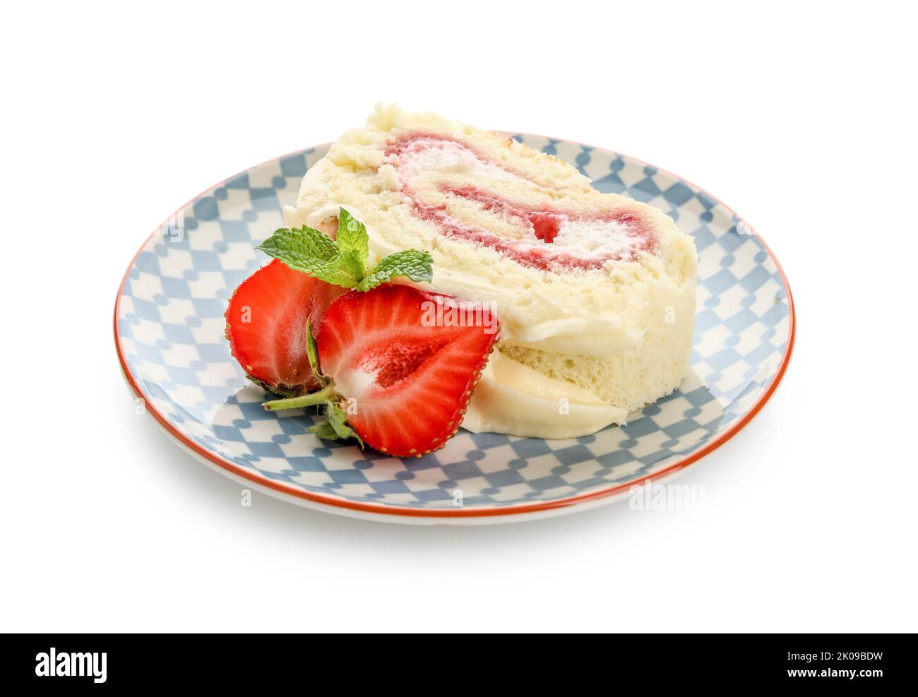 Plate with slice of tasty strawberry roll cake on white background ...