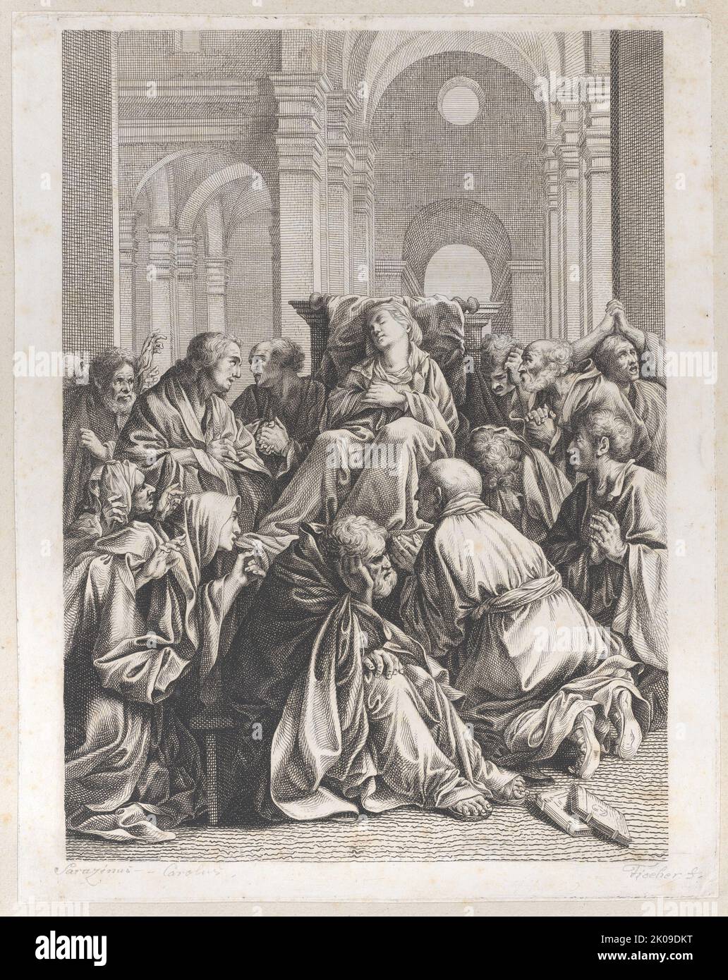 Death of the Virgin, lying on a chair at center, surrounded by Apostles ...