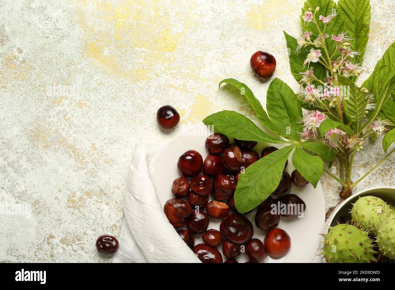 Plate with chestnuts on light background Stock Photo