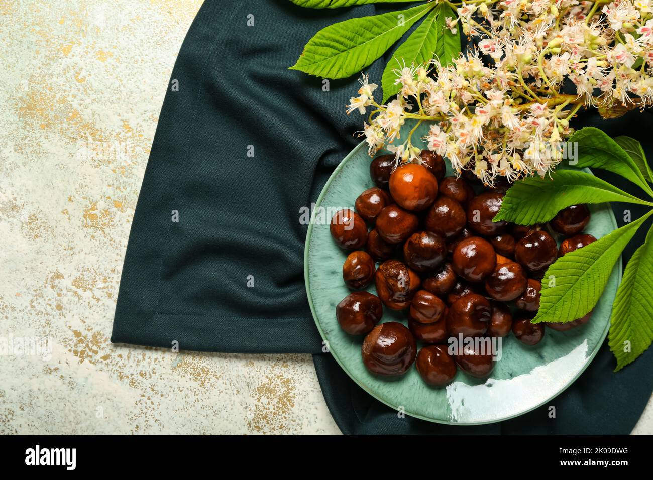 Plate with chestnuts and flowers on light background Stock Photo