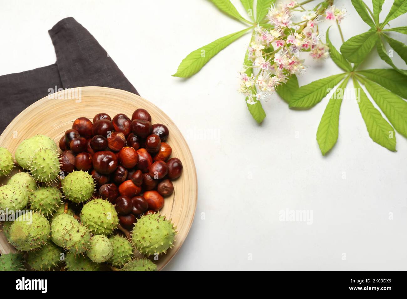 Plate with fresh chestnuts on light background Stock Photo