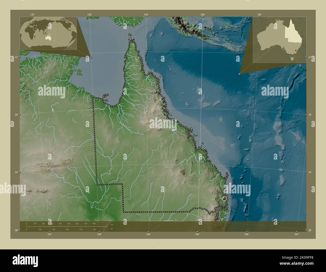 Queensland, state of Australia. Elevation map colored in wiki style ...