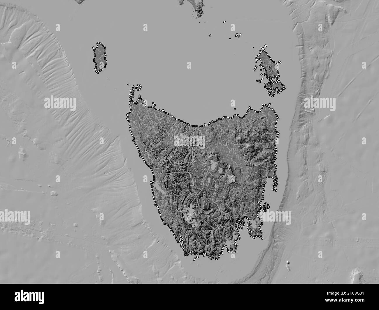 Tasmania, state of Australia. Bilevel elevation map with lakes and