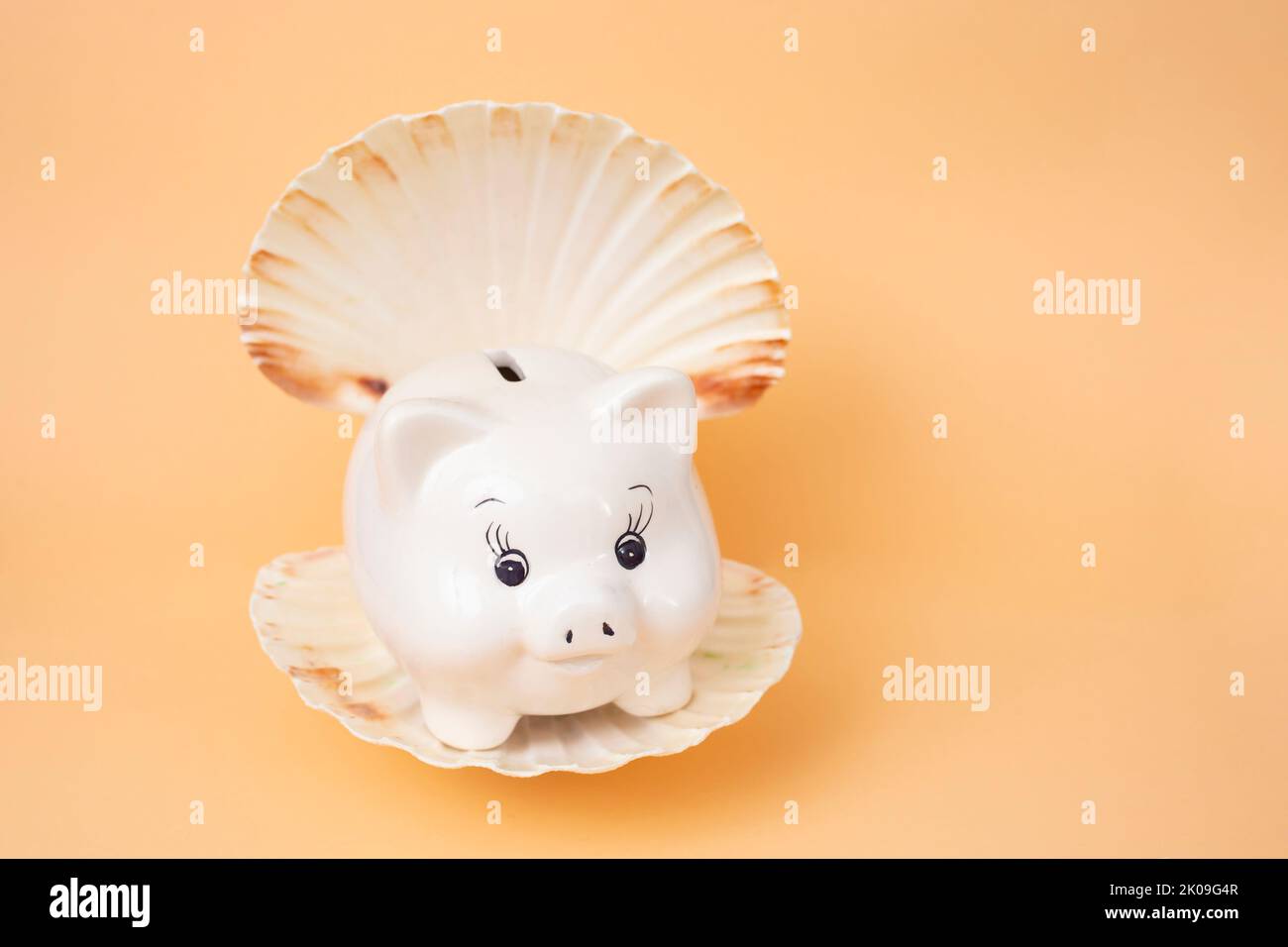 White piggybank in a oyster sea shell on very soft orange background. Exotic vacation savings concept, soft focus close up Stock Photo