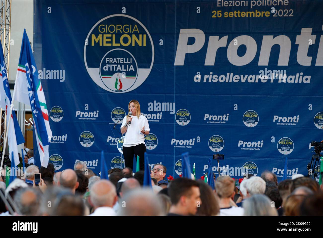 Head of the Brothers of Italy (FdI) party, Giorgia Meloni speech from the stage in Mestre Metropolitan city of Venice 10th September 2022 Stock Photo