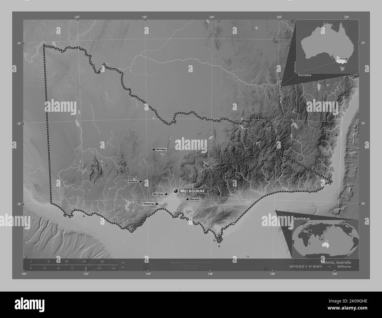 Victoria, state of Australia. Grayscale elevation map with lakes and