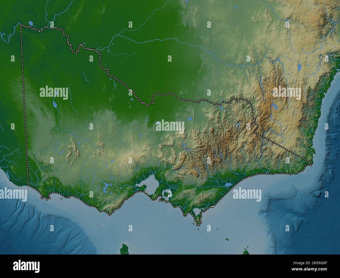 Victoria, state of Australia. Colored elevation map with lakes and ...