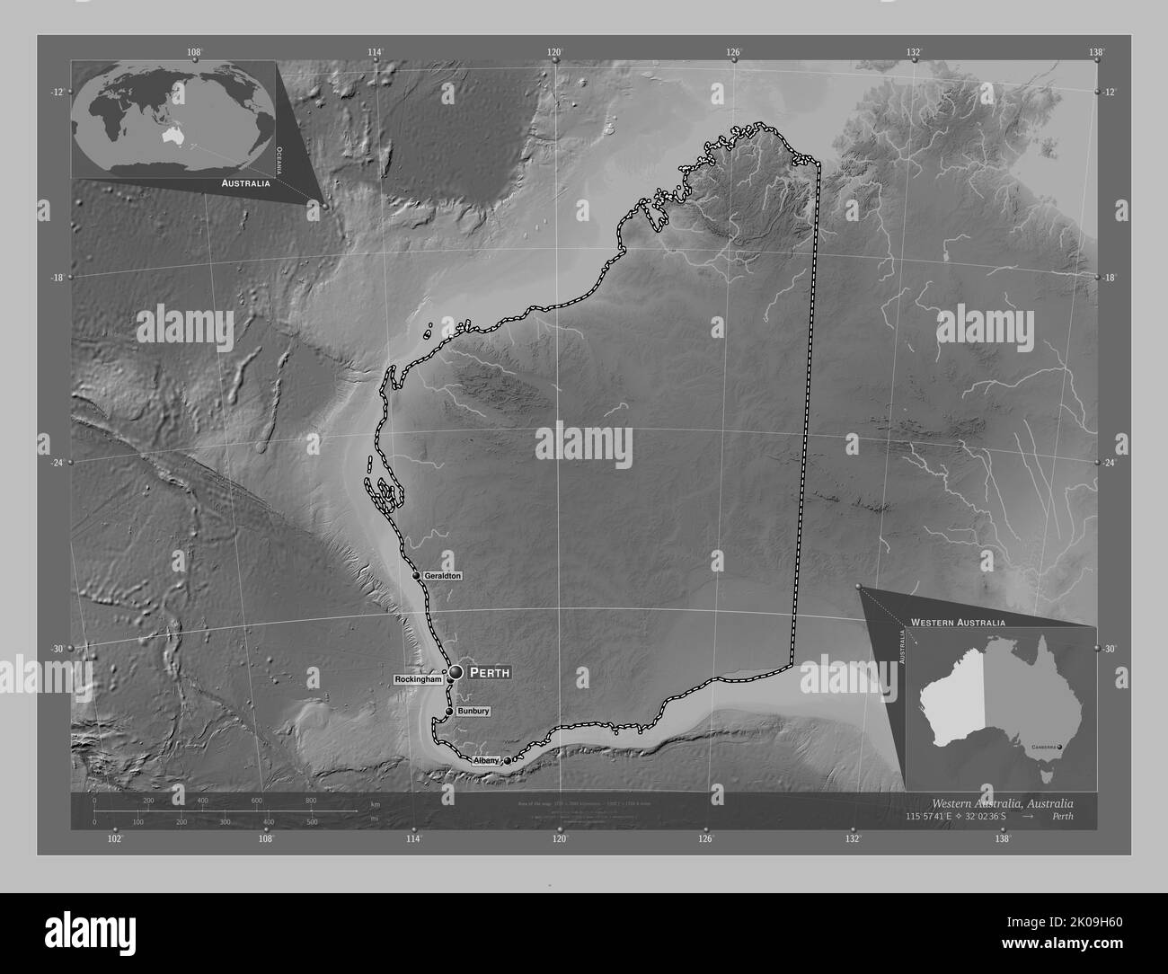 Western Australia, state of Australia. Grayscale elevation map with lakes and rivers. Locations