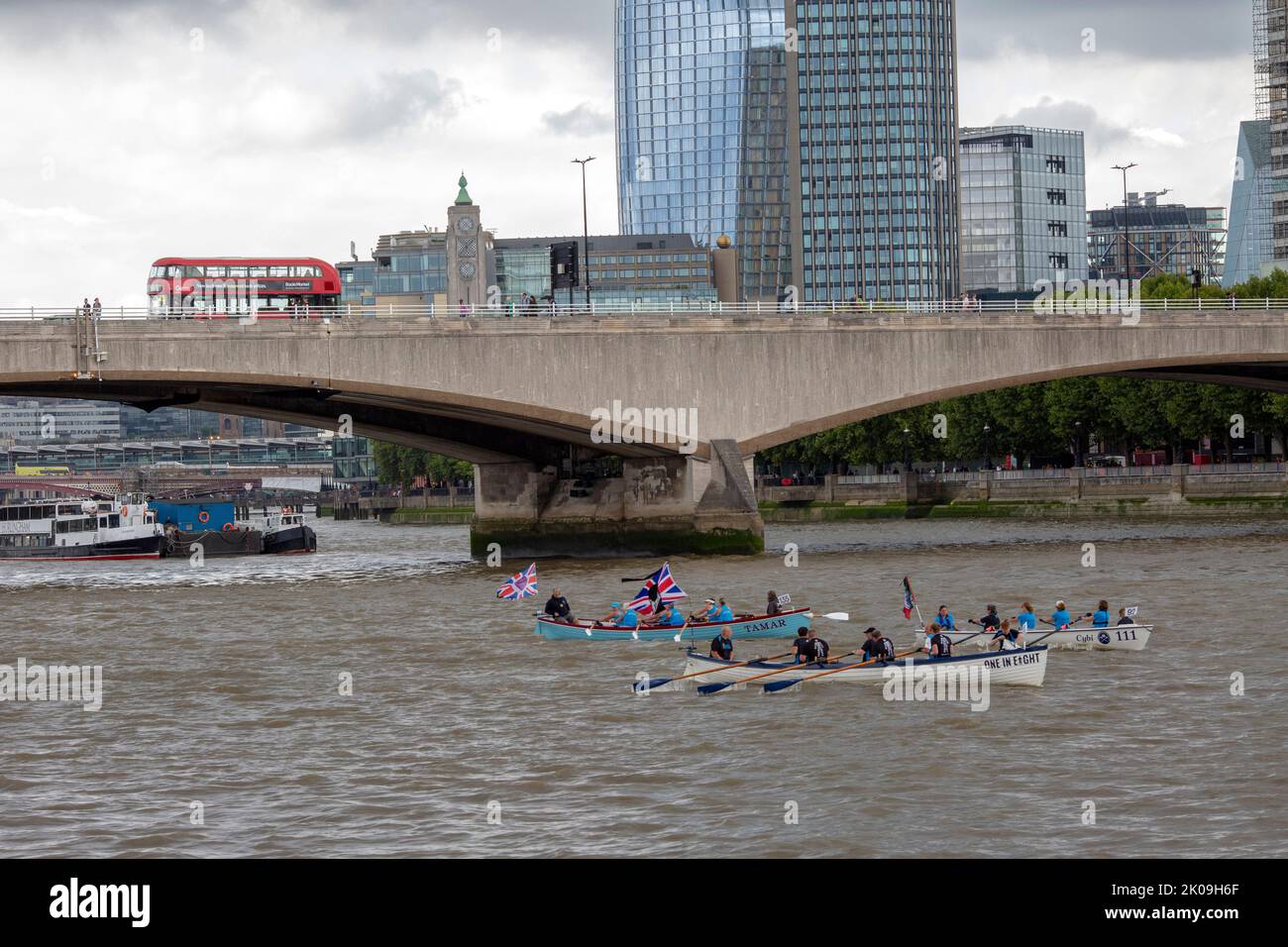 London UK 10th September 2022 -Boats with Union Flag on Thames river pay their respects in London in tribute to Queen Elizabeth II after her death was announced last on Thursday .Photo Horst A. Friedrichs Alamy Live News Stock Photo