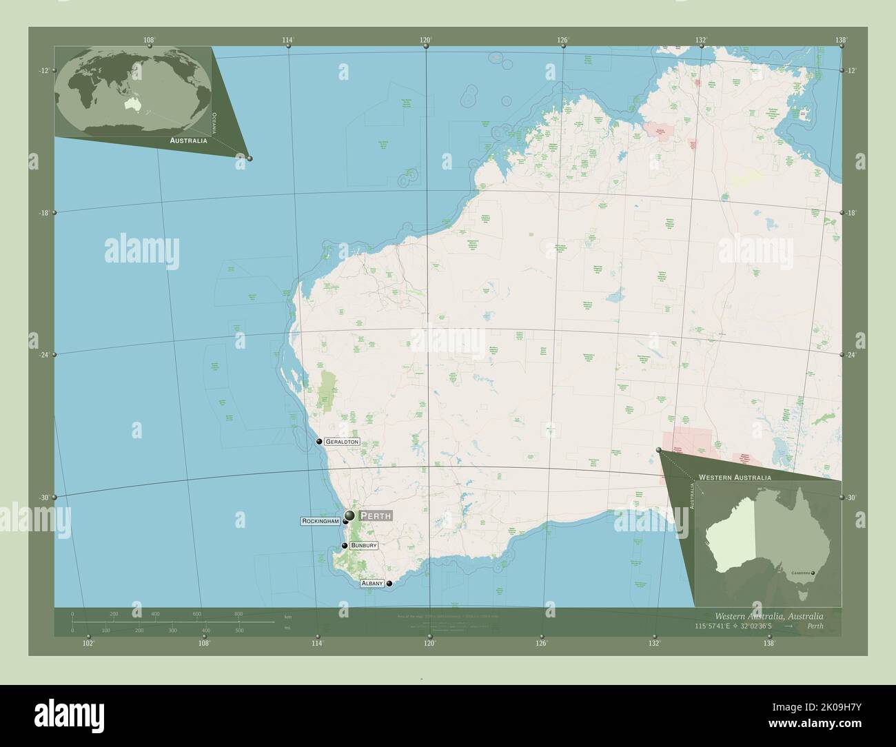 Western Australia, state of Australia. Open Street Map. Locations and names of major cities of