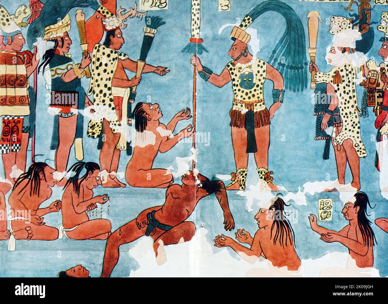 Temple murals painted on the walls at Bonampak, an ancient Maya archaeological site in the Mexican state of Chiapas. known for the murals located within the three roomed Structure 1 (The Temple of the Murals). The construction of the site's structures dates to the Late Classic period (c. AD 580 to 800). The Bonampak murals are noteworthy for being among the best-preserved Maya murals. Stock Photo