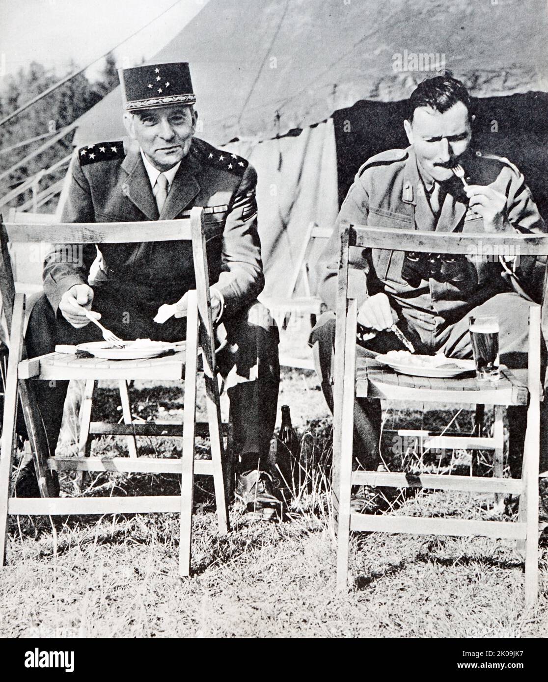 General de Lattre de Tassigny, Commander of Western Union Land Forces and Lieut and General Sir Charles Keightley in Germany. Jean Joseph Marie Gabriel de Lattre de Tassigny (2 February 1889 - 11 January 1952) was a French general d'armee during World War II and the First Indochina War. He was posthumously elevated to the dignity of Marshal of France in 1952. General Sir Charles Frederic Keightley, GCB, GBE, DSO, DL (24 June 1901 - 17 June 1974) was a senior British Army officer who served during and following the Second World War. Stock Photo