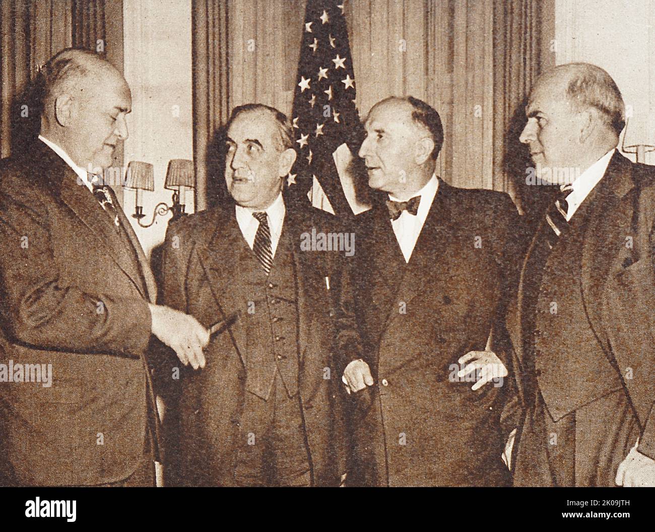 Louis Johnson, United States secretary of defence; Prof. Ernst Reuter; Otto Ernst Heinrich Hermann Suhr, senior Burgomaster; and John Jay McCloy, U.S. High Commisioner; in Berlin. Louis Arthur Johnson (January 10, 1891 - April 24, 1966) was an American politician and attorney who served as the second United States Secretary of Defense from 1949 to 1950. Ernst Rudolf Johannes Reuter (29 July 1889 - 29 September 1953) was the mayor of West Berlin from 1948 to 1953, during the time of the Cold War. Otto Ernst Heinrich Hermann Suhr (17 August 1894 - 30 August 1957) was a German politician as a mem Stock Photo