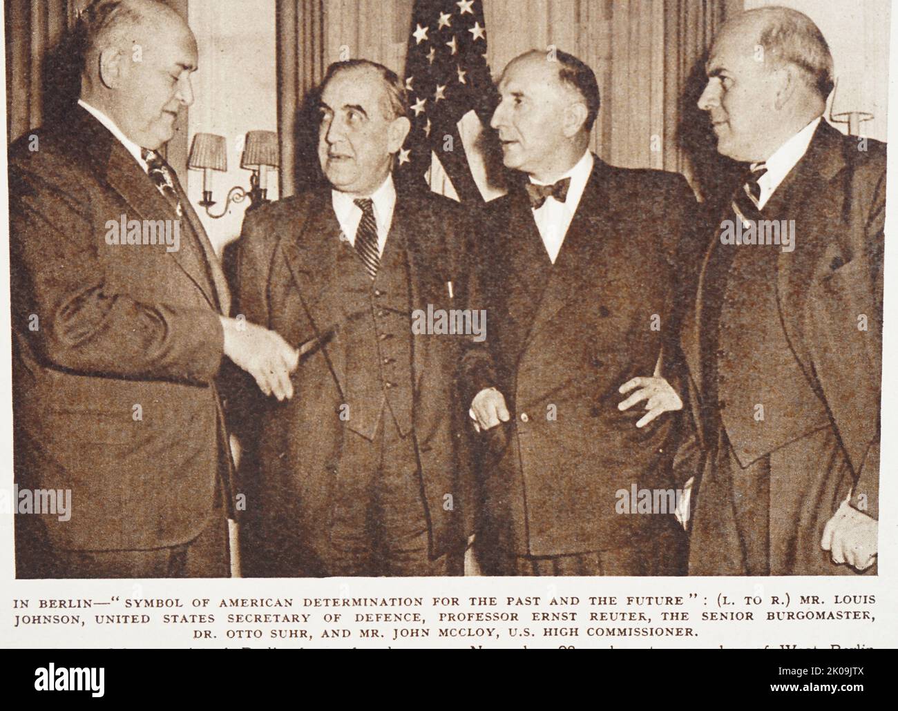 Louis Johnson, United States secretary of defence; Prof. Ernst Reuter; Otto Ernst Heinrich Hermann Suhr, senior Burgomaster; and John Jay McCloy, U.S. High Commisioner; in Berlin. Louis Arthur Johnson (January 10, 1891 - April 24, 1966) was an American politician and attorney who served as the second United States Secretary of Defense from 1949 to 1950. Ernst Rudolf Johannes Reuter (29 July 1889 - 29 September 1953) was the mayor of West Berlin from 1948 to 1953, during the time of the Cold War. Otto Ernst Heinrich Hermann Suhr (17 August 1894 - 30 August 1957) was a German politician as a mem Stock Photo