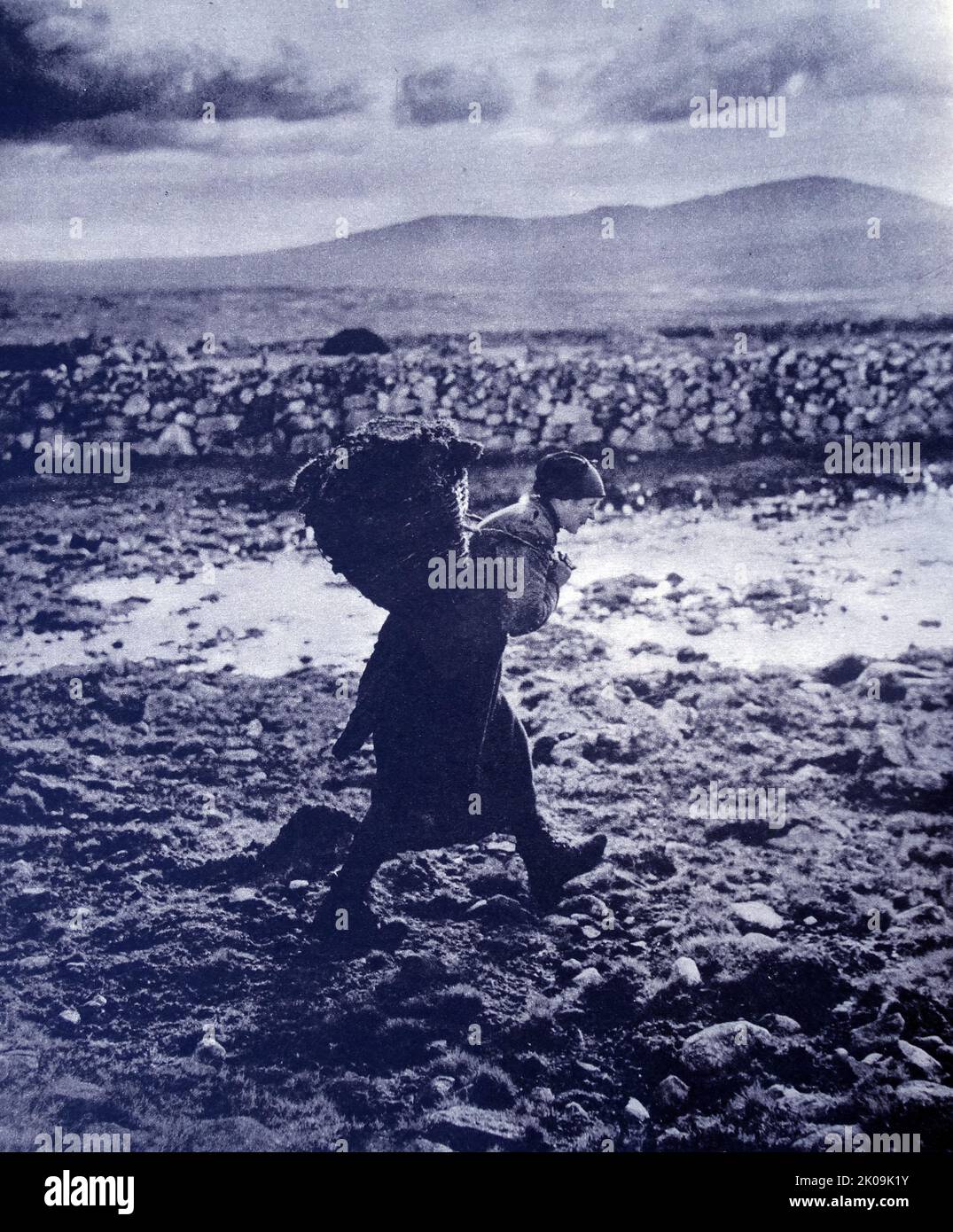 Woman carrying a sack of peat on Lewis, one of the other islands of the Outer Hebrides. Stock Photo