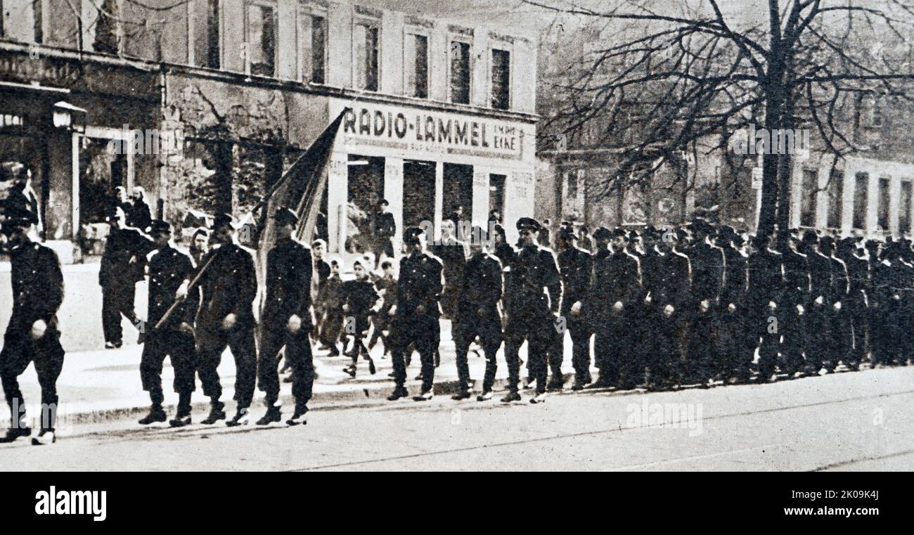 A unit of the Bereitschaften. The Volkspolizei-Bereitschaften were paramilitary police units of the German Democratic Republic (East Germany) from 1955 to 1990. The VPB were barracked units of the Volkspolizei for riot control and counterinsurgency with regiment status, under control of the Ministry of the Interior and considered part of the armed forces, but were never part of the National People's Army or the Ministry of National Defence. Stock Photo