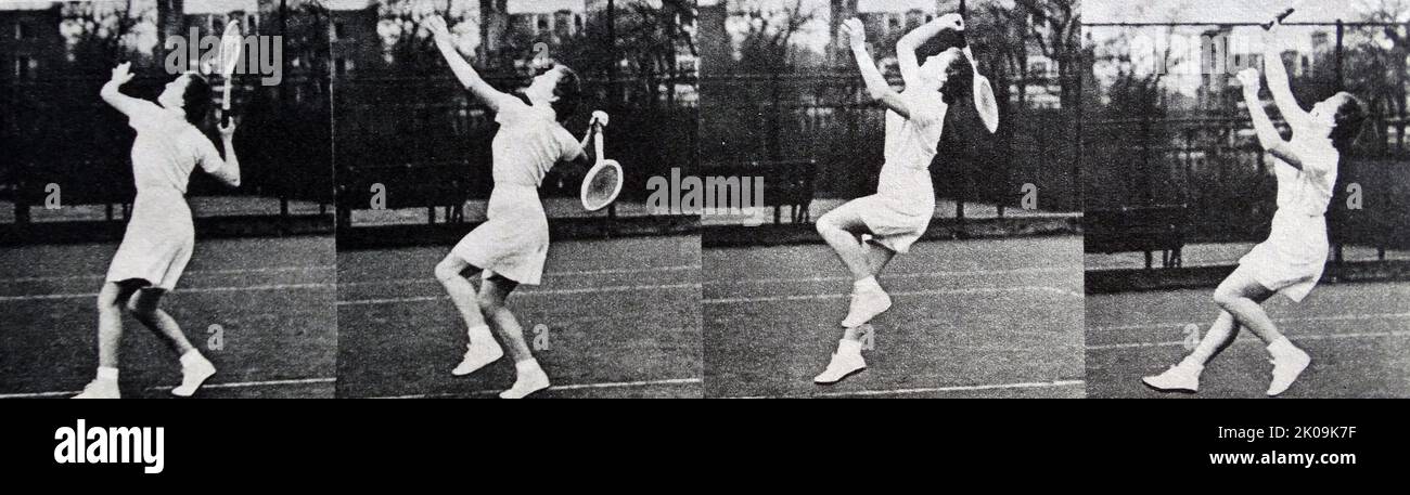 Tennis player Jean Nicoll demonstrates a smash. Photo sequence of the stroke of a smash in tennis. Stock Photo
